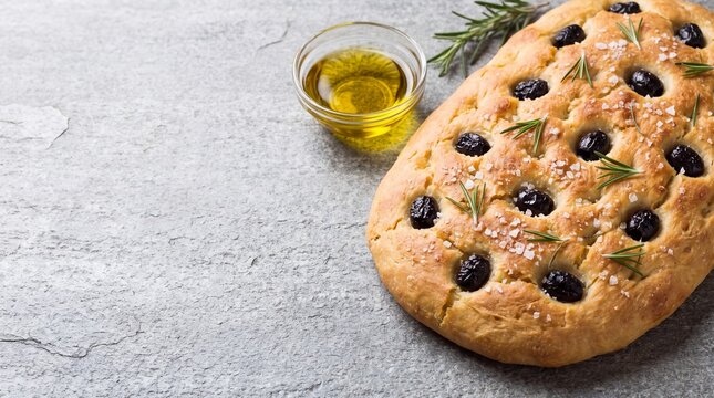 Artisan sourdough focaccia bread with black olives fresh rosemary sea salt and extra virgin olive oil bowl