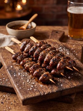 Grilled Sausage Skewers with Dipping Sauce and Cold Beer on Wooden Board