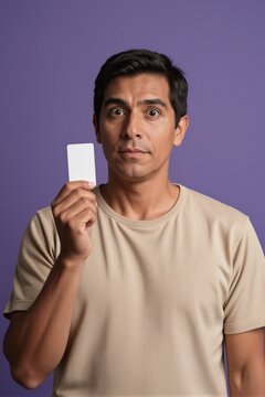 A person in a beige crew-neck t-shirt holds a white card against a deep purple background with a neutral expression.