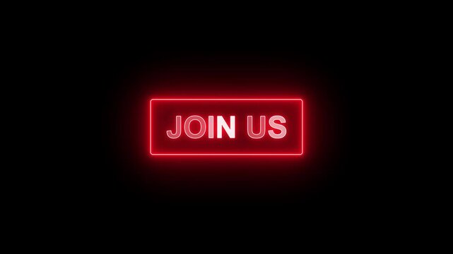 Neon join us sign with animated arrows, glowing red call to action button for social media marketing and digital engagement
