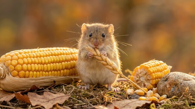 Tiny harvest mouse stands near yellow corn cobs holding wheat stalk during bright autumn sunlight session