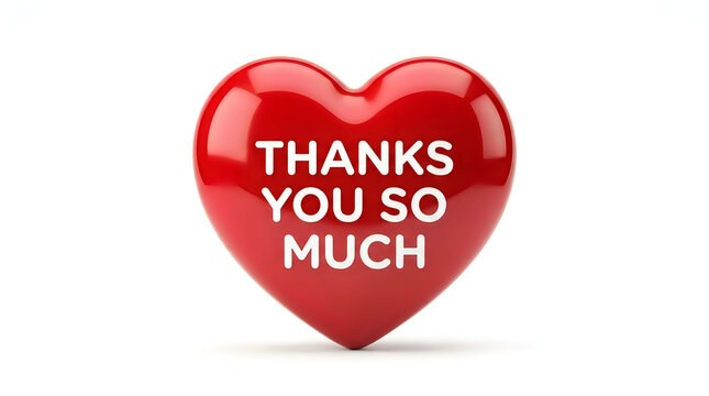 A glossy red heart shape with the words thanks you so much displayed across the center on a white background