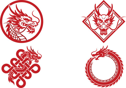 Vector set of red Chinese dragon logo templates featuring traditional oriental motifs uroboros circle frames and lunar new year symbols