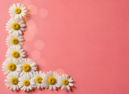   fresh organic chamomile flowers in L shaped arrangement with copy space ,complete chamomile blossoms on soft rose background with clean copy space