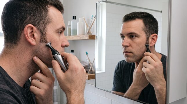 Man grooming facial hair with electric trimmer in bathroom mirror reflection hygiene routine