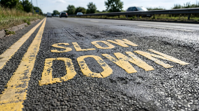 Wet road marking with slow down warning on highway surface