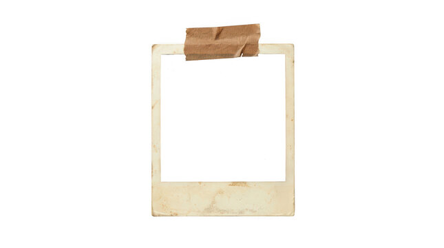 Vintage polaroid photo frame with tape, isolated on transparent background