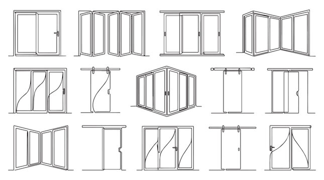 Continuous line vector set of sliding glass door and patio partitions