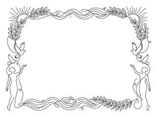 Obraz premium Continuous one-line minimalist frame featuring empowered woman, soaring bird, and botanical laurel branch