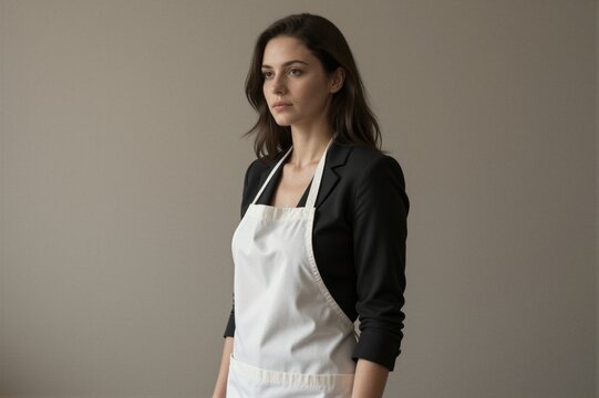 A woman wearing a black blazer and white chef's apron stands calmly against a plain beige background.