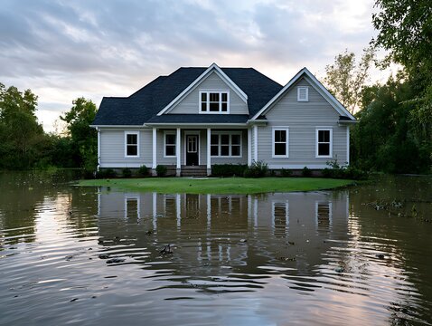 Beautiful luxury house standing on a small island surrounded by flood water