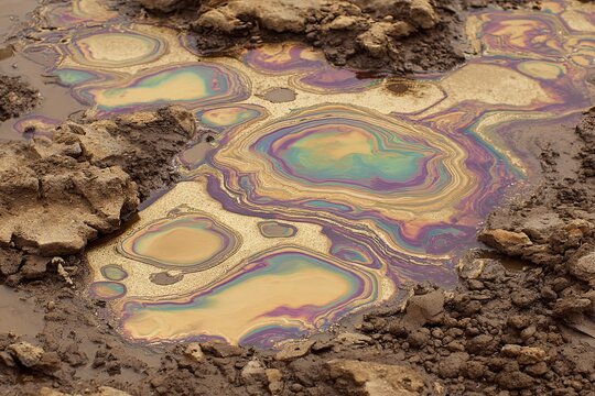 Abstract iridescent oil slick patterns shimmering on a muddy puddle, showcasing vibrant rainbow hues within the earth's texture.