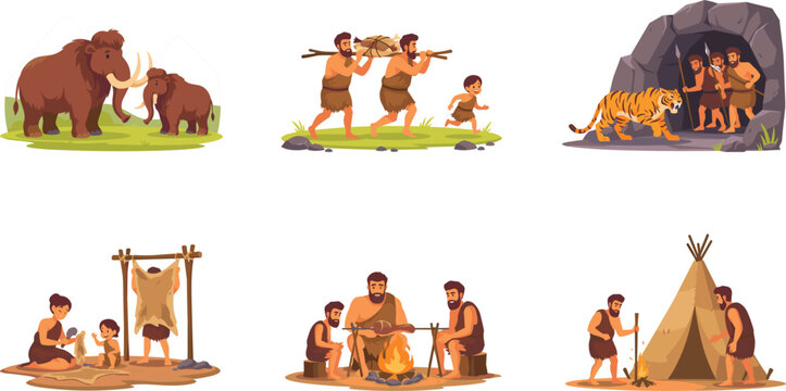Vector set of stone age caveman scenes with woolly mammoths saber-toothed tiger cave dwelling bonfire cooking and tribal teepee tents