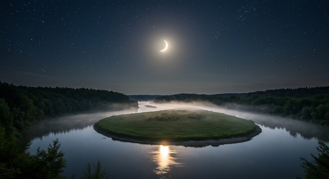 Mystical Nightscape: A serene crescent moon hangs in a star-studded sky above a tranquil river winding through a misty forest. The moon's reflection shimmers on the water, illuminating a small.