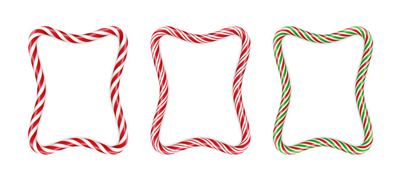 Candy cane Christmas frames. Twisted peppermint striped rectangles, red-white and red-green stripes. Festive seasonal decor for Christmas cards, invitations or holiday banners. Vector illustration