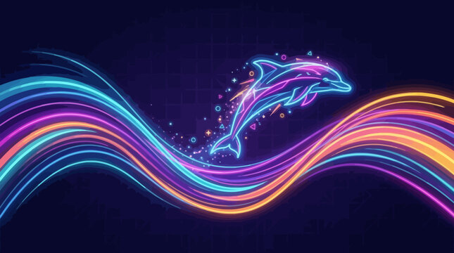 Neon glowing dolphin jumping over vibrant colorful light waves in a dark space.
