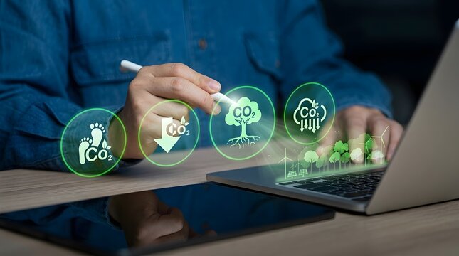 Close up of businessman using laptop with carbon reduction virtual icons, net zero emissions and sustainable ESG development concept