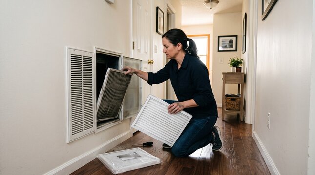 Woman changing dirty air filter in home HVAC system for better indoor air quality and efficiency