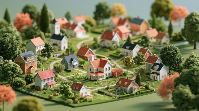 Miniature model village layout with small houses and trees in a rural landscape