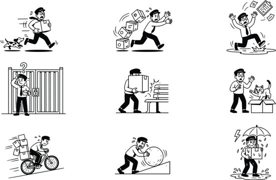 Black and white courier delivery stress collection featuring courier failing to deliver parcel, running from dog, and facing rain problems vector