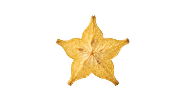 Dried starfruit slice isolated on white background, dehydrated carambola star fruit snack, organic exotic yellow fruit chip for healthy food design