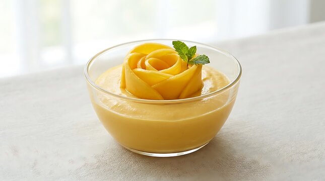 Fresh yellow mango pudding in a glass bowl decorated with a beautiful mango rose and green mint leaf. mango mousse recipe 
