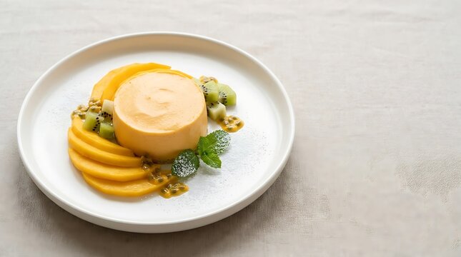 Creamy mango mousse dessert served with fresh sliced kiwi and passion fruit on a round white plate. mango mousse recipe 