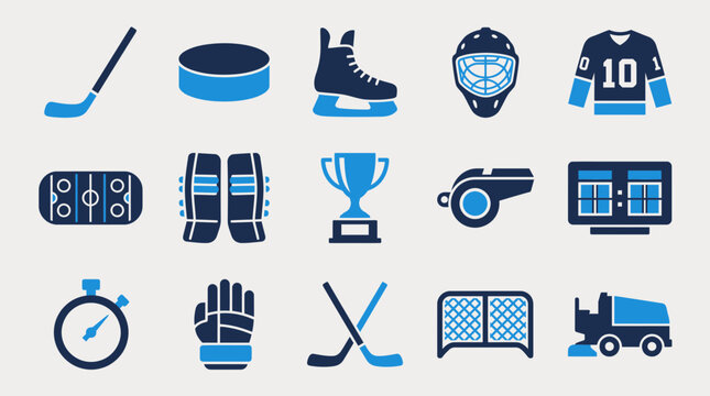 Set of fifteen blue and dark blue ice hockey sport equipment icons in flat vector style with scoreboard competition tournament equipment