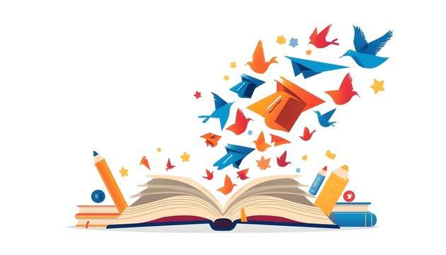 Teachers&rsquo; Day celebration illustration featuring a large open book transforming into colorful flying paper birds, surrounded by pencils, books, graduation elements, small stars.