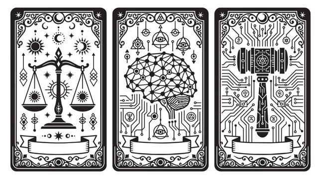 Minimalist black and white tarot card vector set featuring scale of justice, neural network brain, and circuit board gavel in a mystical occult style.