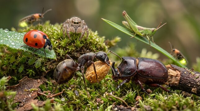Macro shot of forest insects interacting on mossy ground