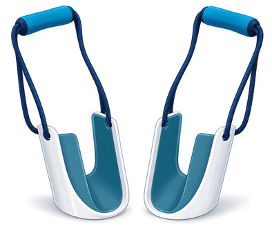 A sock-donner aid with two open shells and long cords