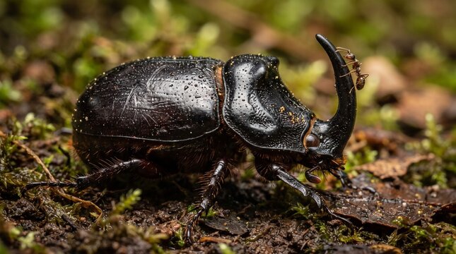 Close-up of a Rhinoceros Beetle on Forest Floor with Moss