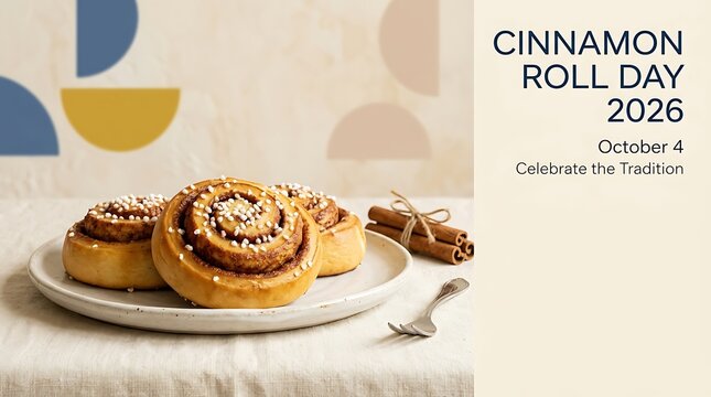 Delicious swirled cinnamon rolls topped with crunchy white sugar pearls sit beautifully on a ceramic plate next to whole spices for the annual celebration of international cinnamon roll day event.