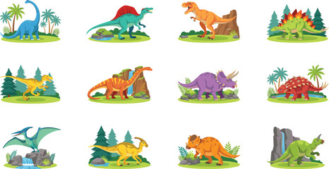 Vector set of colorful cartoon dinosaurs including Tyrannosaurus Rex Triceratops Stegosaurus Spinosaurus and Brachiosaurus in prehistoric landscapes © Sumita