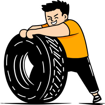 Cute Strong Man Pushing Heavy Tire