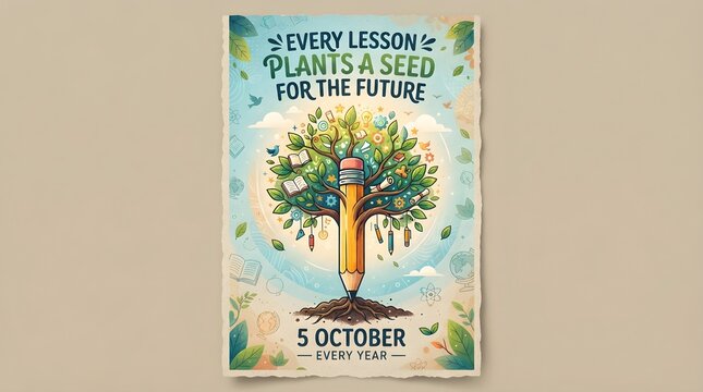 World teachers day poster featuring a pencil growing like a tree with colorful foliage education day teaching profession growing knowledge plants a seed future growth