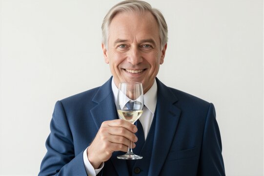 A middle-aged man in a navy blue suit holds a wine glass filled with white wine, exuding formality and approachability.
