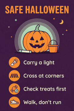 Safe Halloween Tips: A festive and informative poster for a safe Halloween, featuring a jack-o'-lantern, a candy bucket, and illustrated safety advice such as carrying a light and crossing at corners.