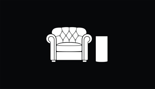 Vintage classic armchair silhouette with small round side table in white on a solid black background, interior logo.
