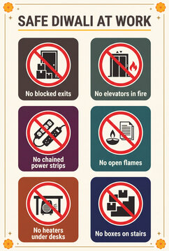 Safe Diwali at Work Signage: This poster displays crucial safety guidelines for celebrating Diwali in the workplace, emphasizing fire prevention and maintaining clear pathways.