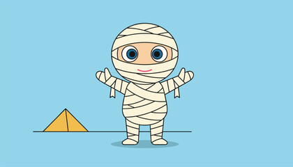 Obraz premium Friendly cartoon mummy wrapped in bandages standing on a blue background with a golden pyramid in the distance.