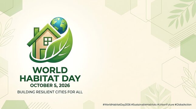 World habitat day illustration featuring a stylized wooden house integrated with a green leaf and a small blue planet earth symbol on a light background for environmental awareness campaign posters.