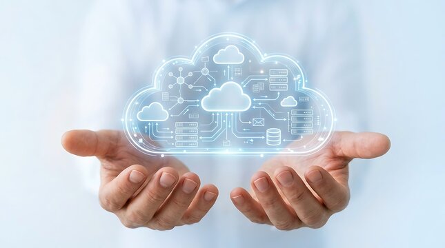 Cloud computing network diagram with server icons and data flow lines above cupped open hands.