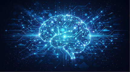 Fototapeta premium Futuristic glowing blue AI brain with neural network and circuit board pattern on black background. Digital artificial intelligence illustration with light particles and data connections. Perfect for 