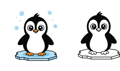 Obraz premium Cute Baby Penguin Standing on Ice Floe Vector Illustration with Black and White Line Art Coloring Page