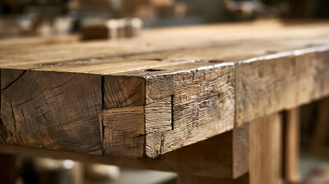 Close up of a handcrafted wooden workbench with traditional mortise and tenon joinery.