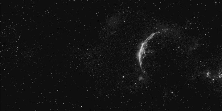 Crescent nebula arc with scattered stars and delicate sandy stipple dust across deep black space. Minimal cosmic panorama with airy pointillist texture for posters, covers and collage. Vector
