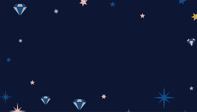 Enchanting night sky background decorated with glowing diamonds and stars scattered on deep dark blue backdrop.
