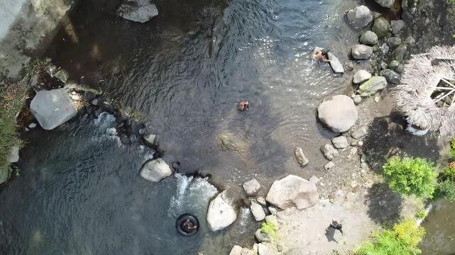 Top down aerial view of a natural river with people swimming near a steel truss bridge surrounded by green trees